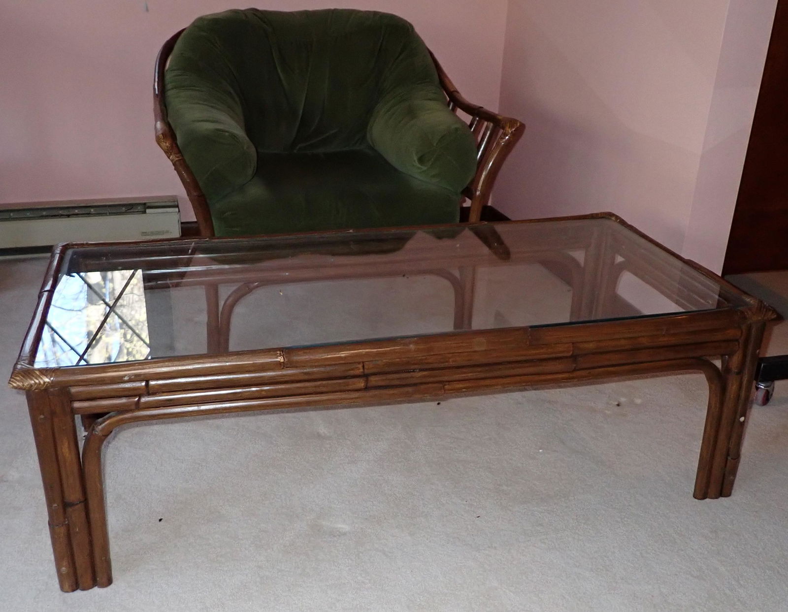 Rattan Chair Ottoman and Coffee Table: Table is apprx 23 1/2" x 49" x 16" tall