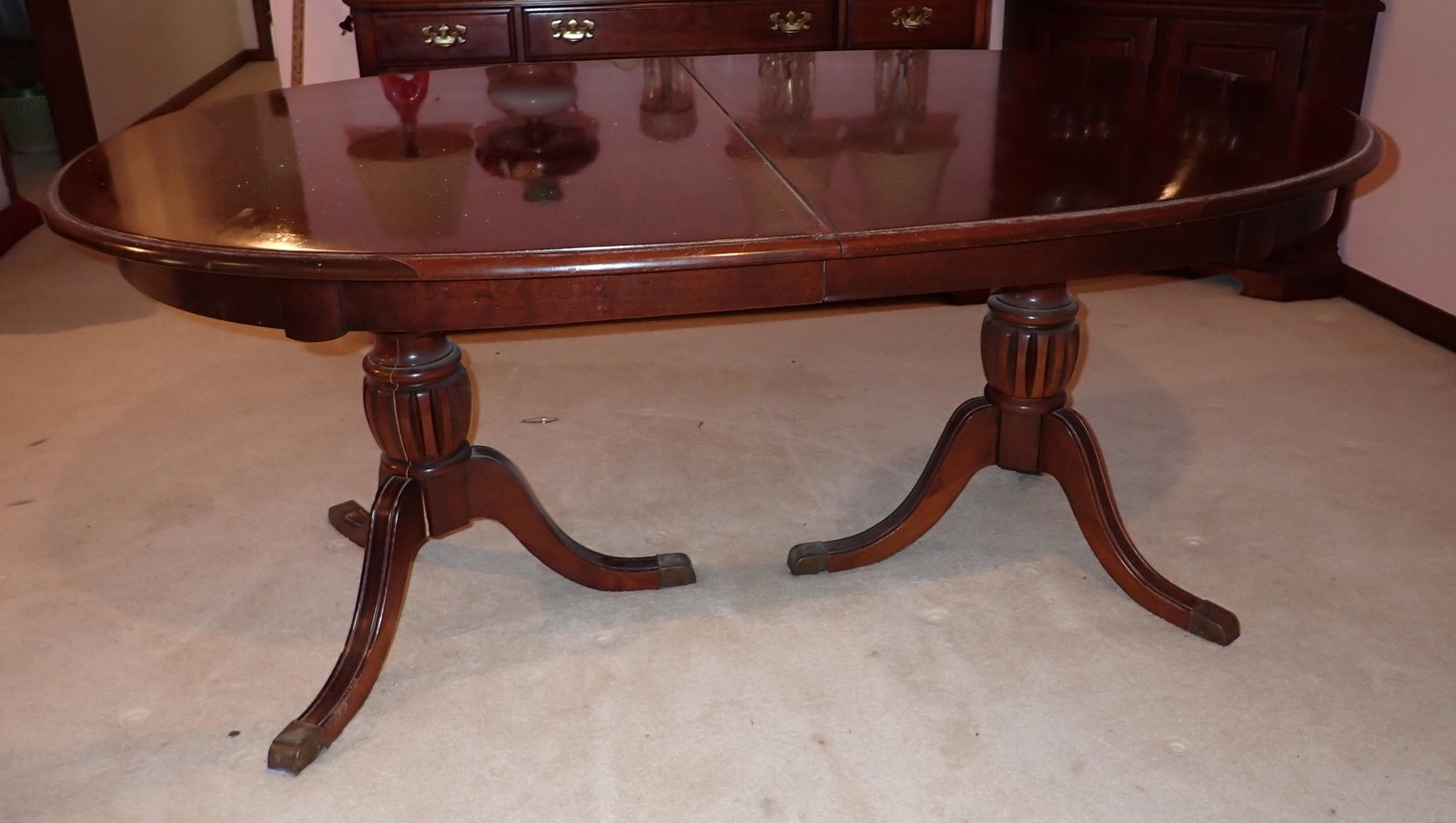 Dining Room Table: Apprx 43" x 65" . Comes with table pad and (2) 13 3/4" leaves
