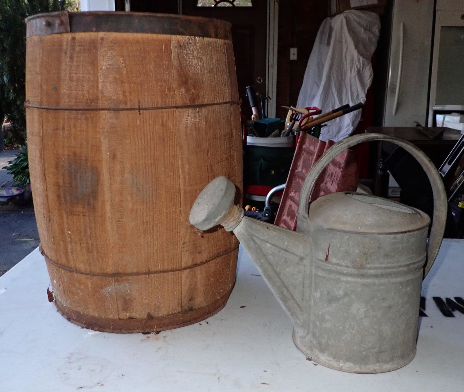 Wooden Nail Keg and Water Can: Keg is apprx 12 1/2" in diameter and 18 1/2" tall
