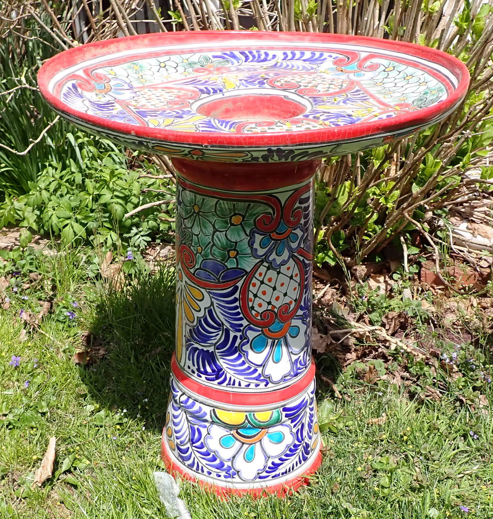 Decorated Mexican Terracotta Bird Bath (1 of 3)