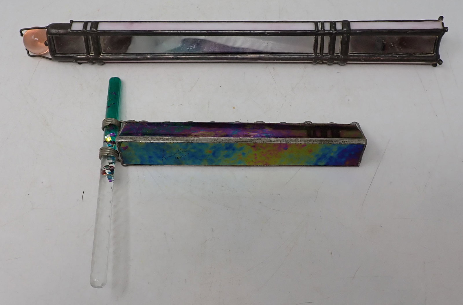 Stained Art Glass Kaleidoscopes: Longest is approx 1 1/2" x 1 3/8" x 12 3/4" long. Shorter one is signed