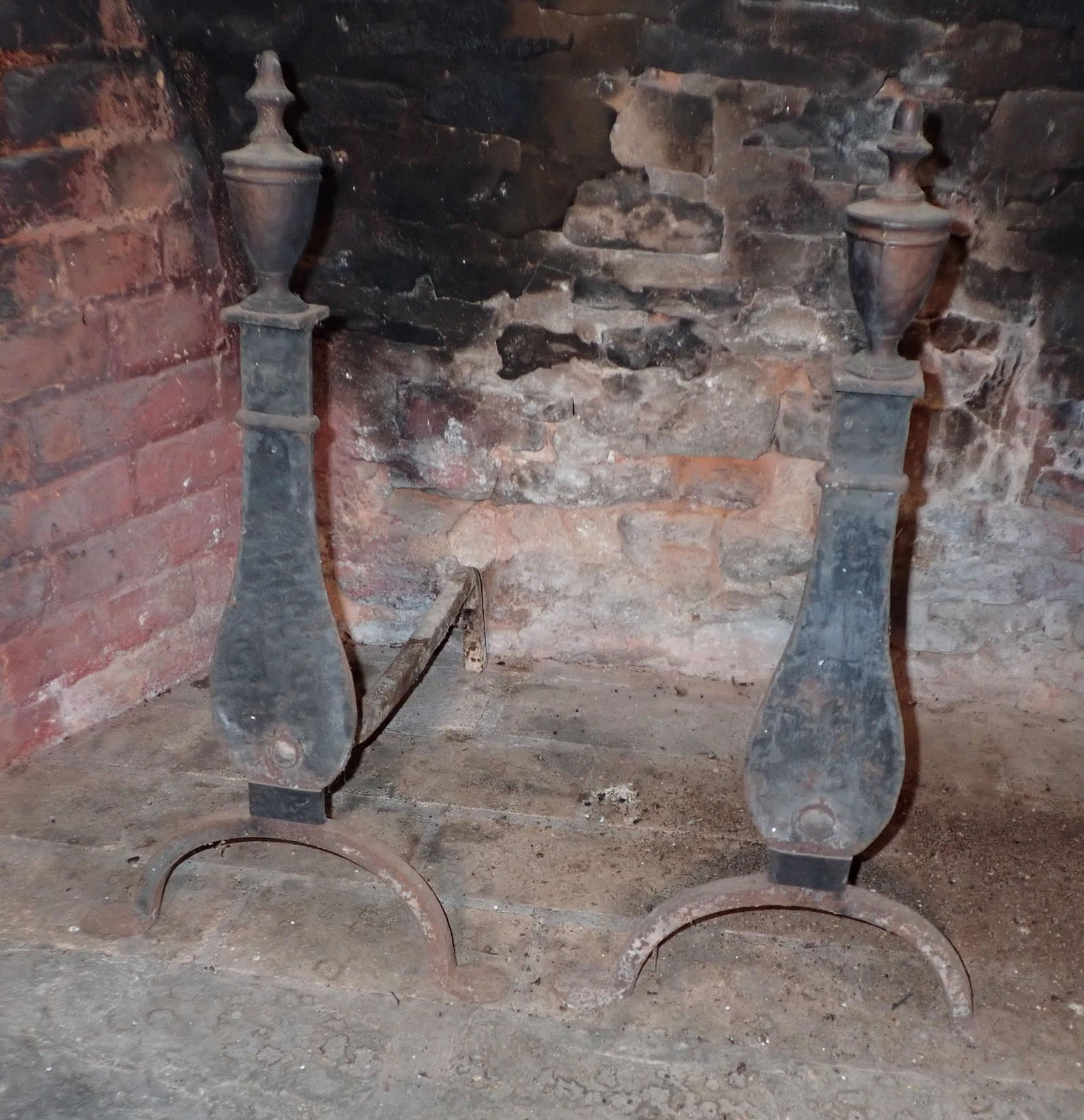 Andirons w/ Penny Feet: Approx 13" wide, 19" deep, 25" tall. Finials are brass