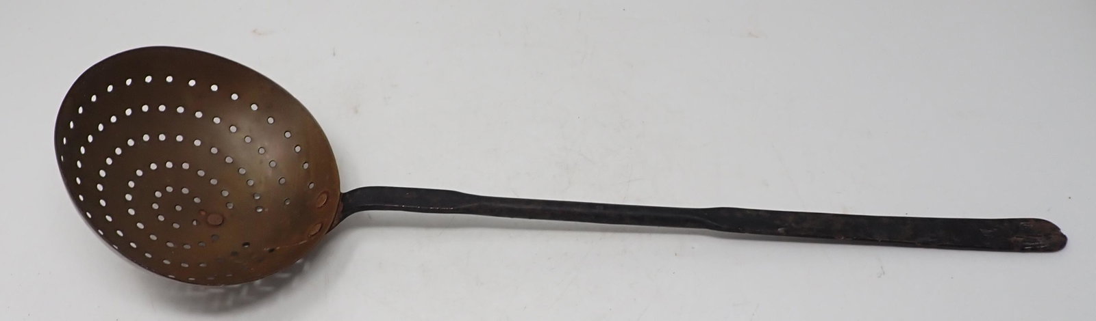 Slotted Brass Ladle w/ Wrought Iron Handle: Approx 5 3/8" in diameter and 18" long