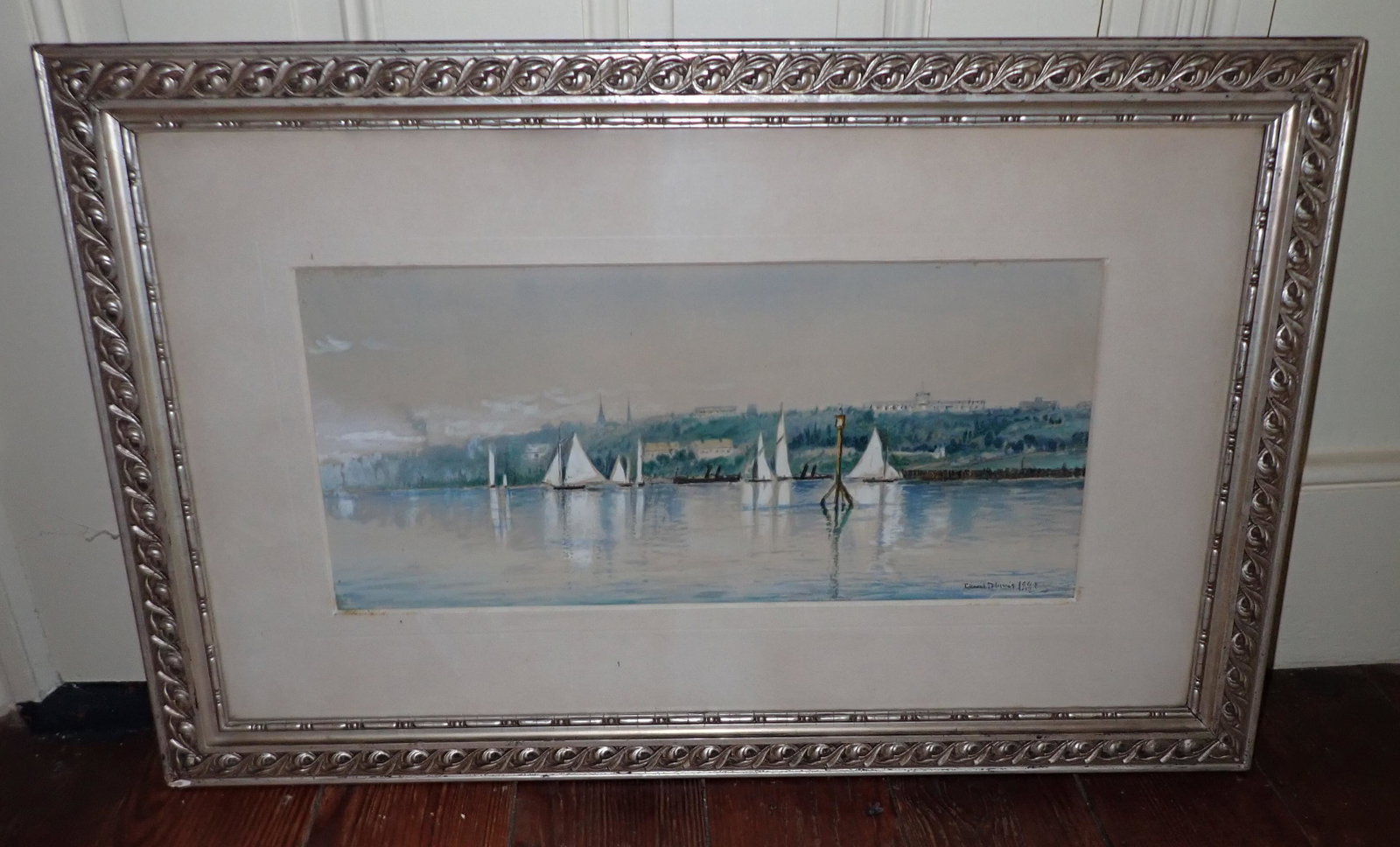1883 Signed Watercolor Sailboat Scene: Approx 19 1/2" x 31"