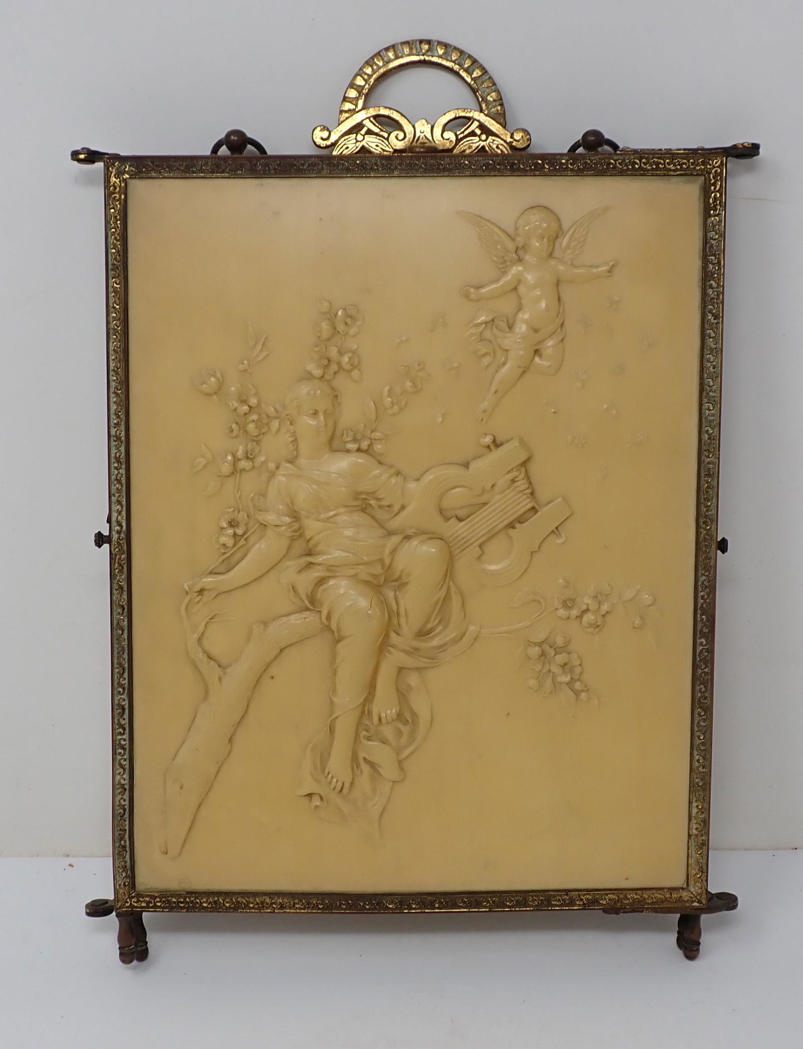 Celluloid & Brass Trifold Mirror w/ Cherubs (1 of 5)