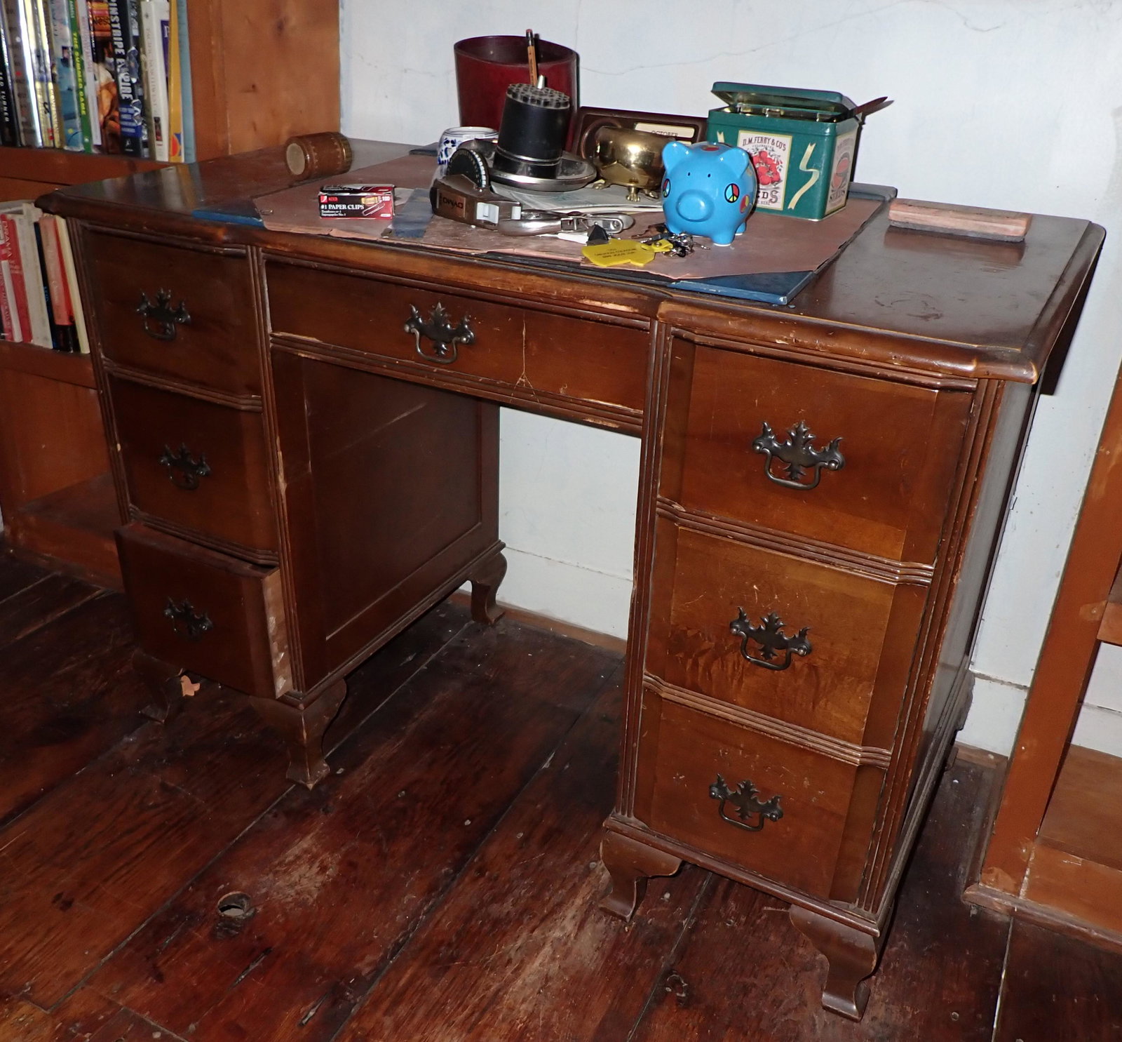 Desk and Contents Pennies: Desk is approx 21" x 41" x 29 1/2" tall. Piggy bank is full of pennies. Take what you want and leave the rest