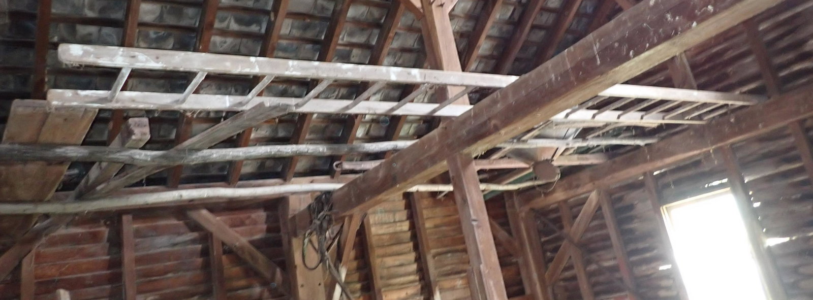 17' Wooden Ladder & Shutters: Items are hanging on beams in upstairs of barn. Buyer is responsible for getting items down and removing. Take only what you want . ( do not step on plywood , it is covering small hatch door)