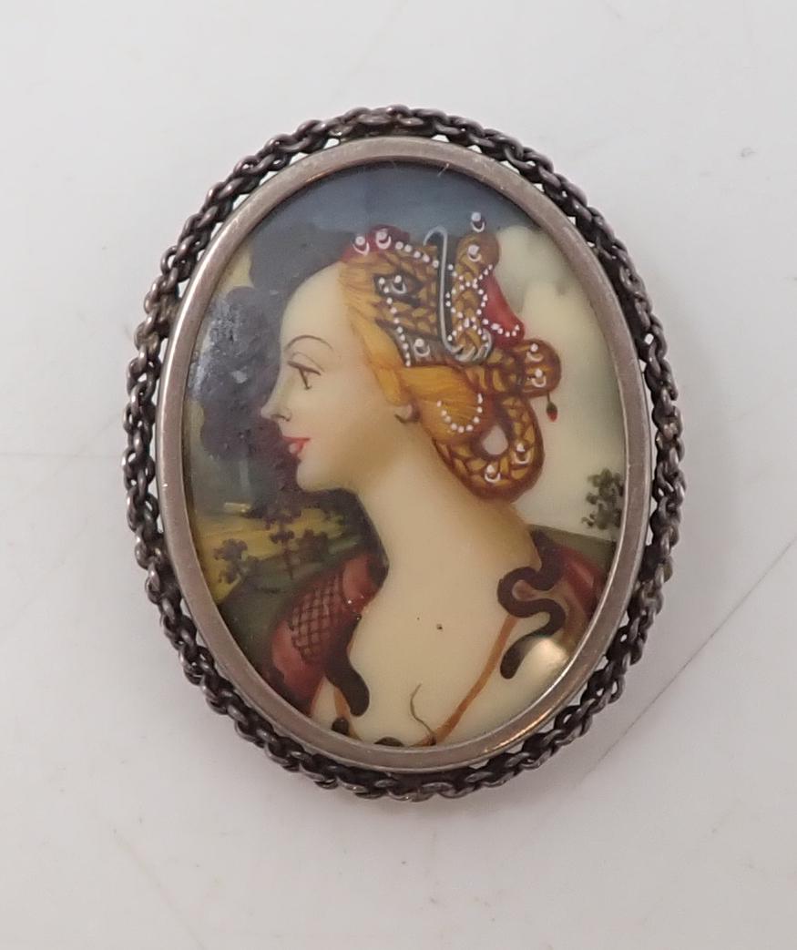 800 Silver Hand Painted Brooch (1 of 3)