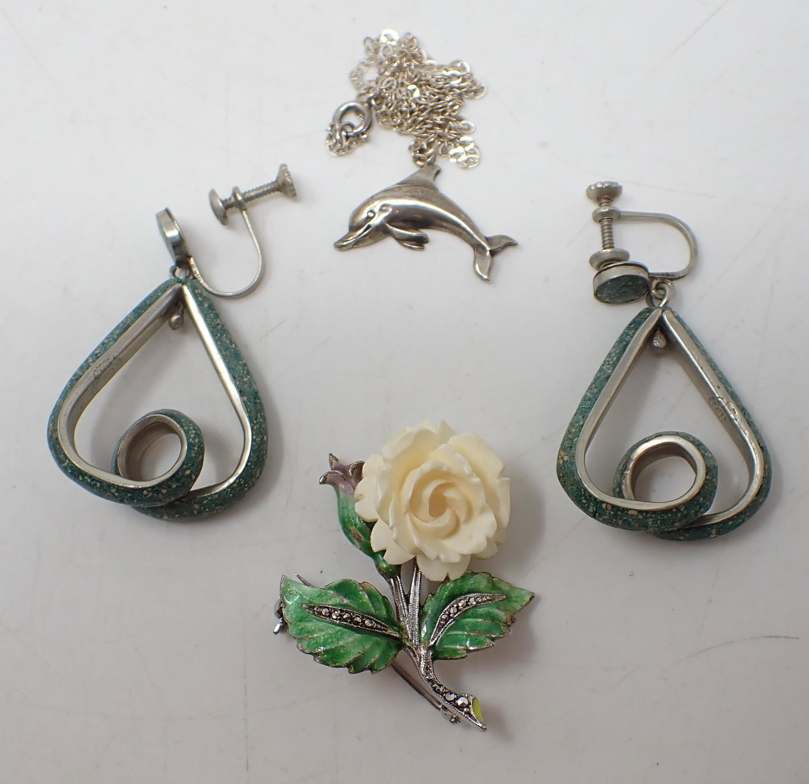 Earrings Sterling Silver Enameled Flower Brooch: Can not make out marking on earrings. Dolphin is not marked. Flower is apprx 1 1/2" long