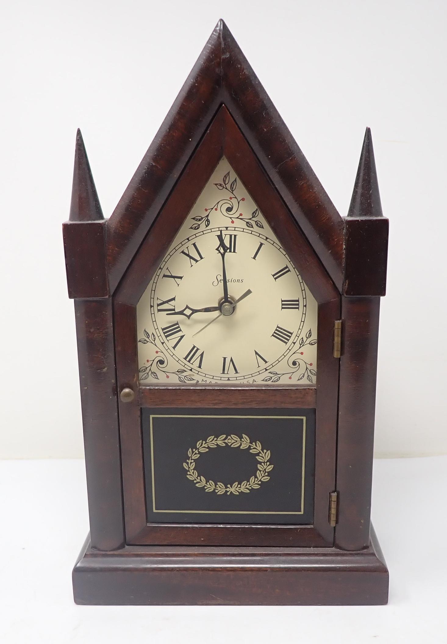 Sessions Battery Operated Steeple Clock: Approx 3 3/8" x 7" x 12" tall. Battery operated.