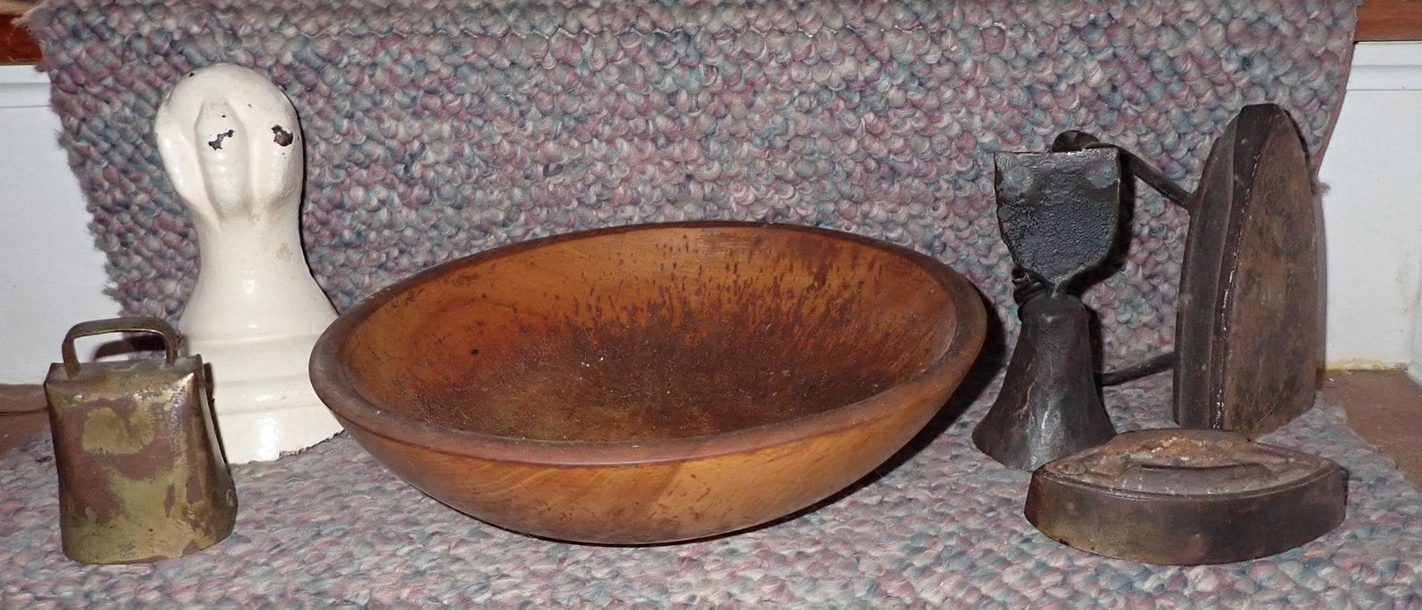 Wooden Bowl Sad Irons Bells: Also included is stove foot