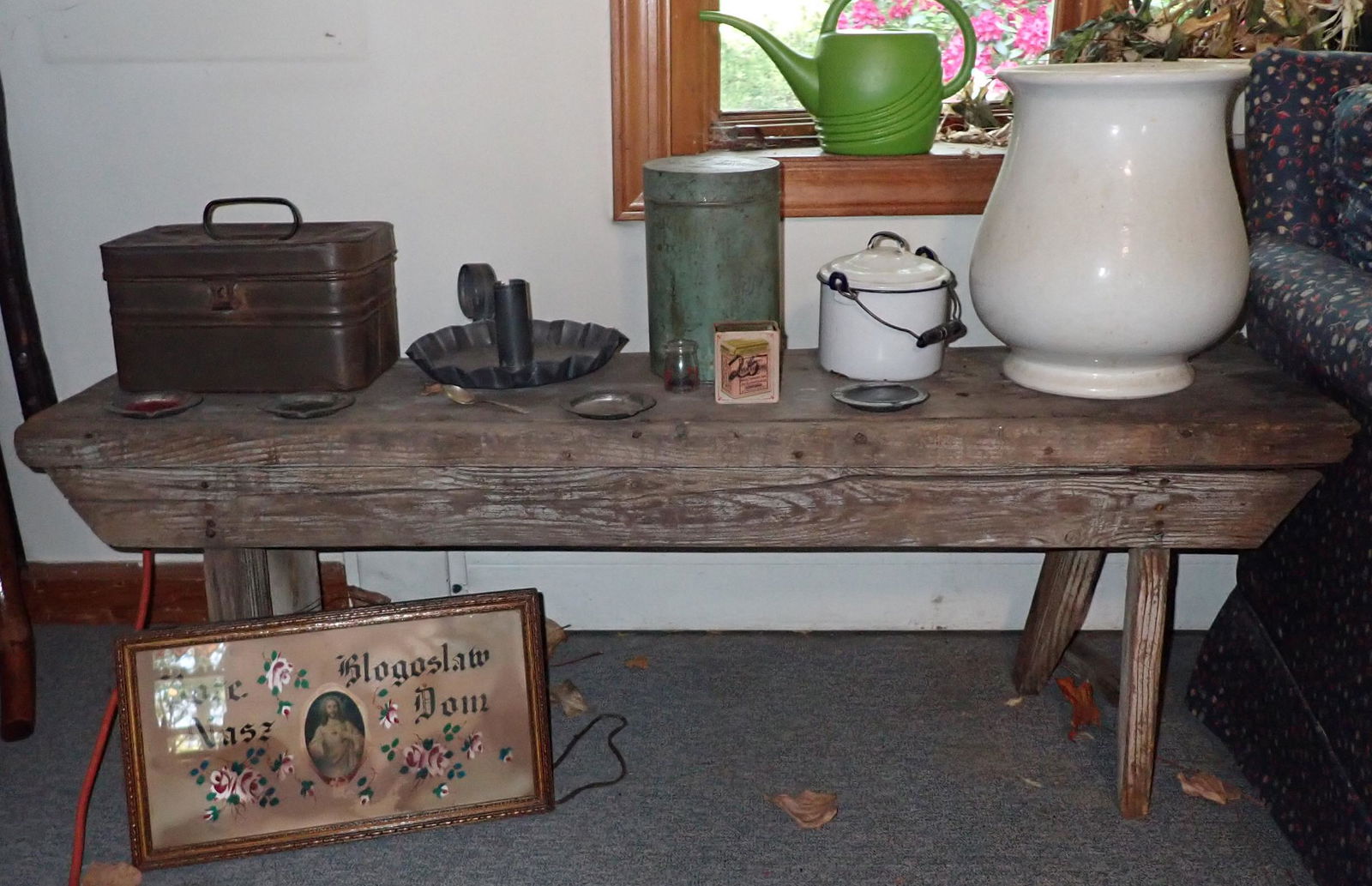 Primitive Bench Lunch Pail Ironstone & Misc (1 of 10)