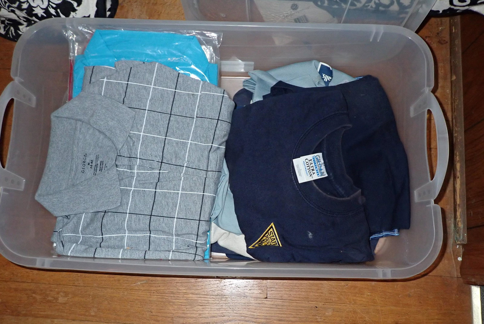 3 Totes and Basket Full of Clothing: Getting all pictured