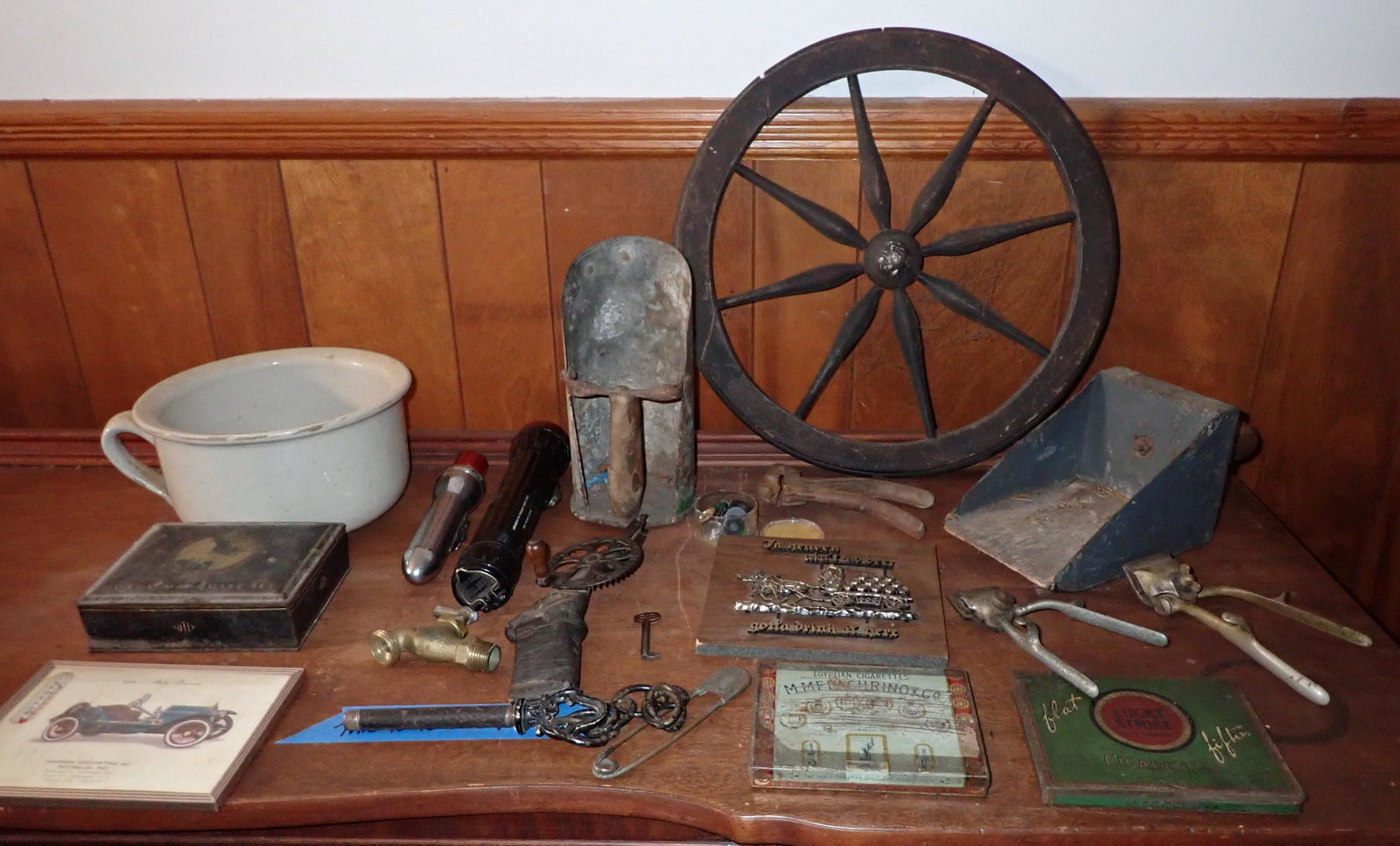 Feed Scoops Tins Ironstone & Misc: Wooden wheel is approx 16" in diameter