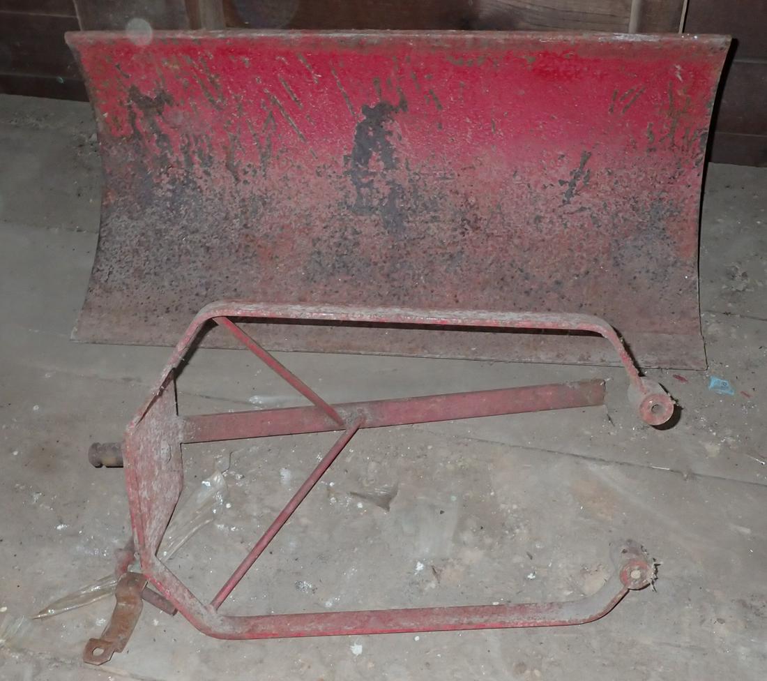 Vintage Garden Tractor Snowplow: Approx 32" . Buyer to remove from top of barn