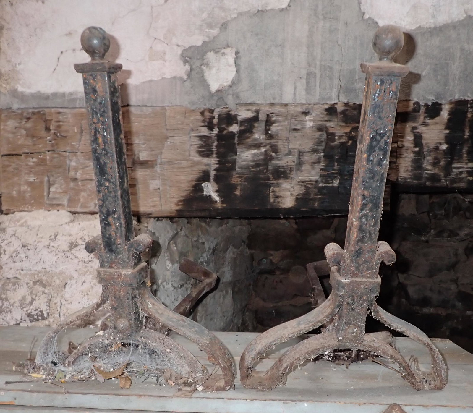 Arts & Crafts Style Andirons: Approx 13 1/2" wide, 21 3/4" tall, and 24 1/2" deep.
