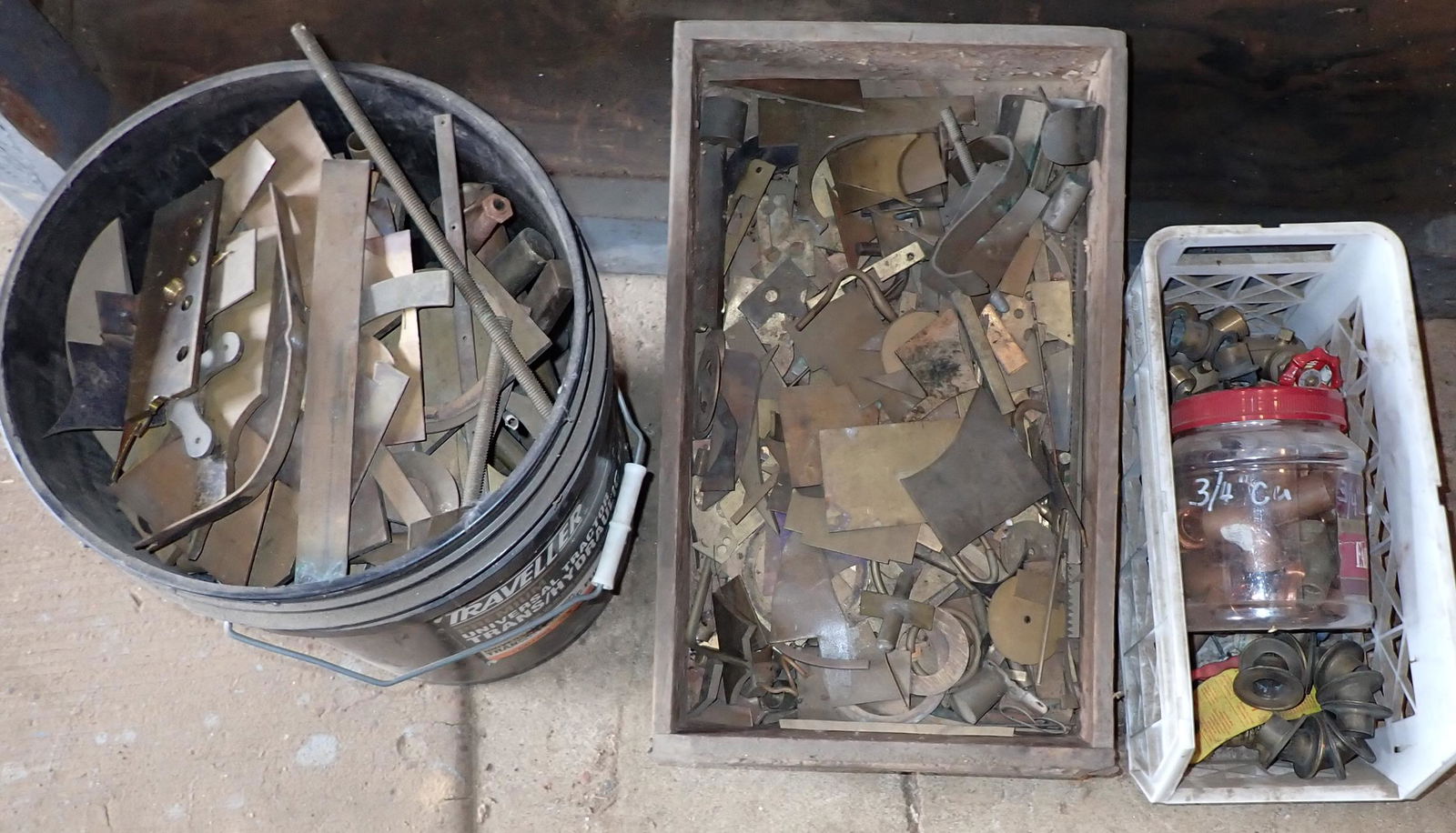Brass and Copper: Guessing weight, the bucket weighs approx 60lbs and other bins weigh approx 15lbs. That is a guess ! There is mostly brass, with some copper mixed in