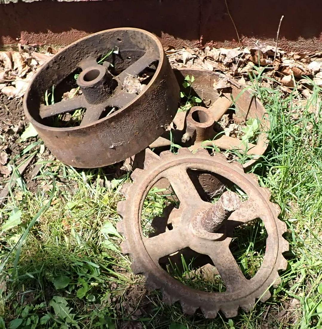 Iron Wheels and Sprocket: Wheels are apprx 12" in diameter , 4 1/8" wide,and 1 3/8" inside arbor diameter
