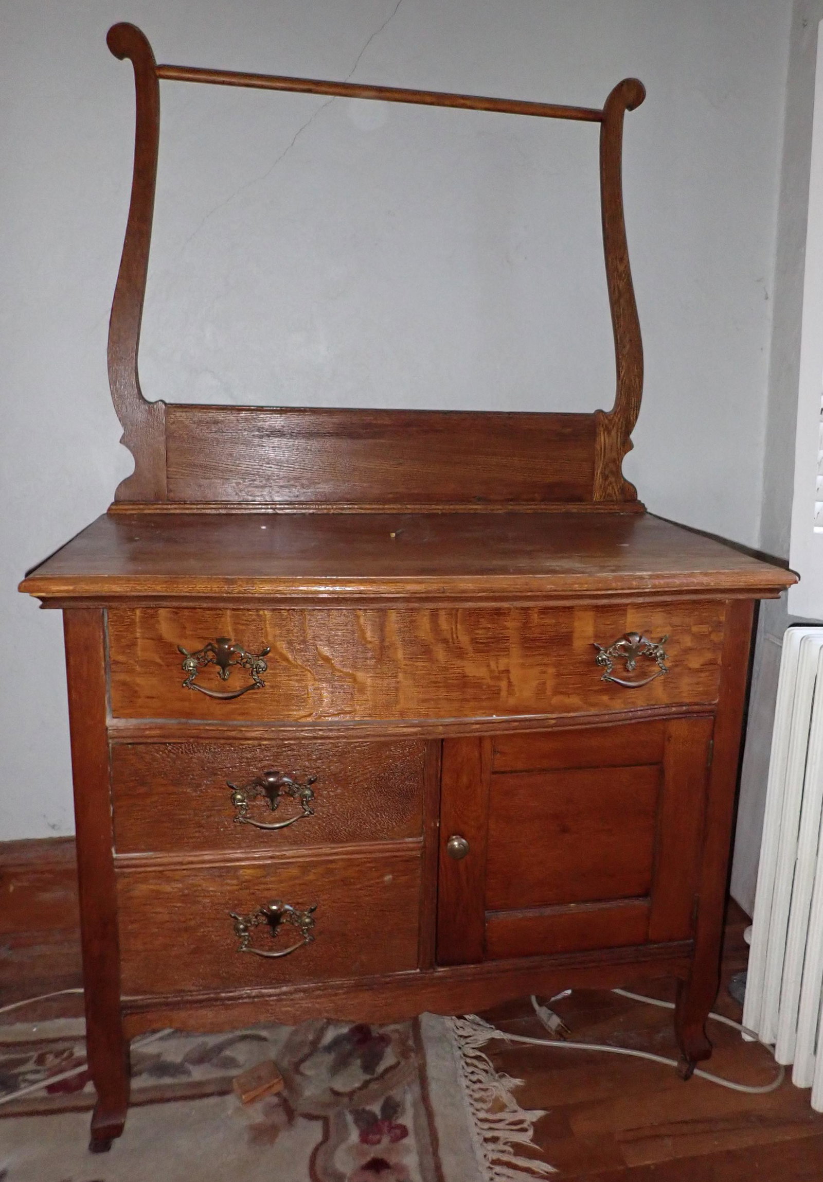 Oak Washstand: Apprx 19" x 33 1/2" x 55" tall. Buyer must remove from second floor