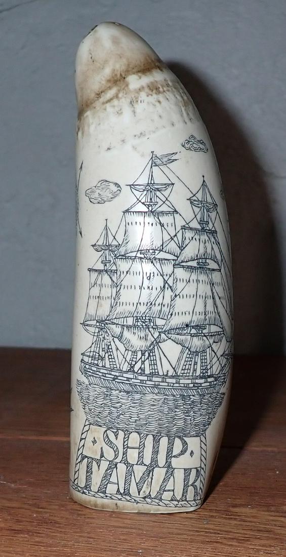 Ship Tamar Scrimshaw: Approx 5 3/4" long. Possibly made of resin ???
