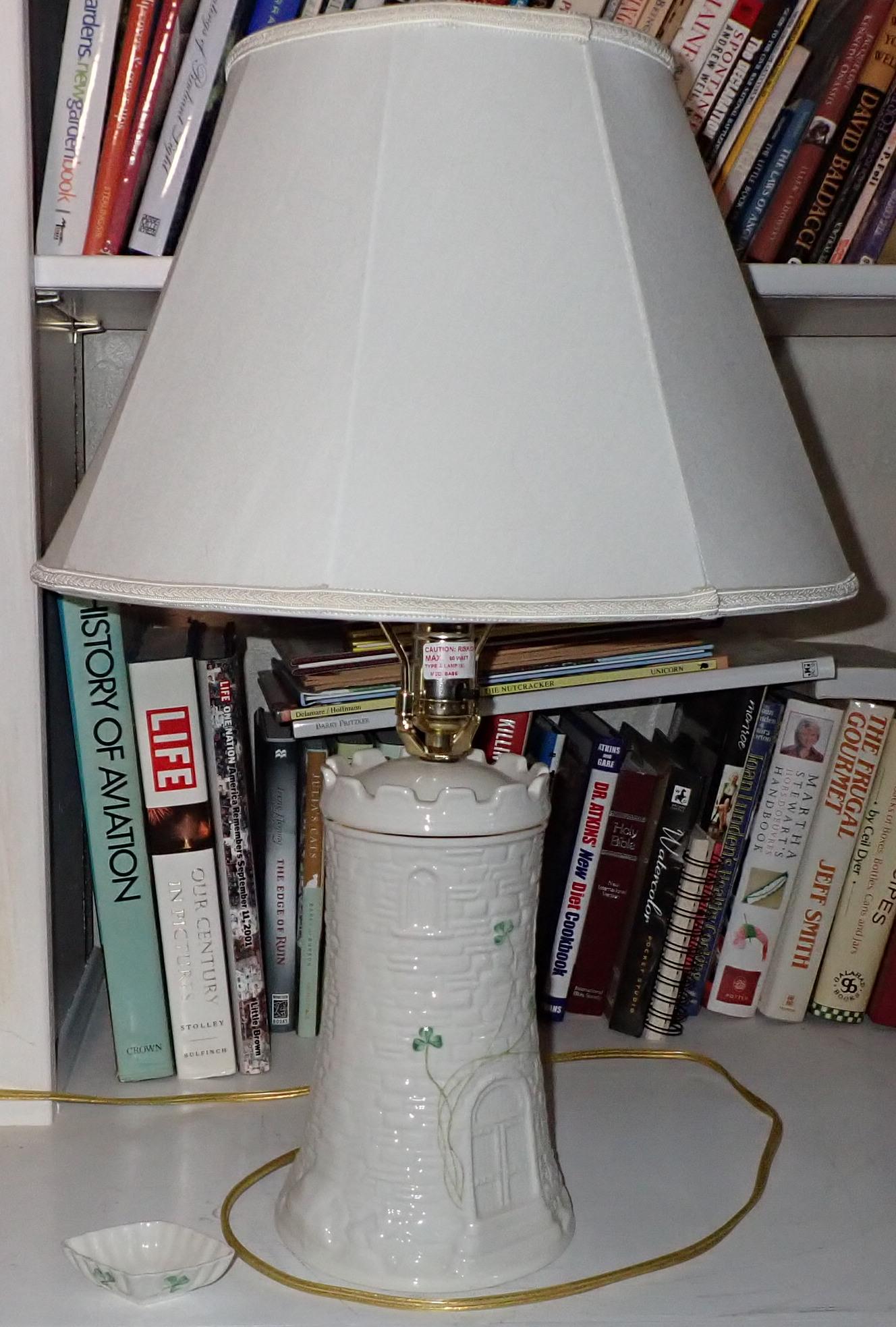 Belleek Lamp and Dish: Lamp is approx 24" tall. No finial on lamp