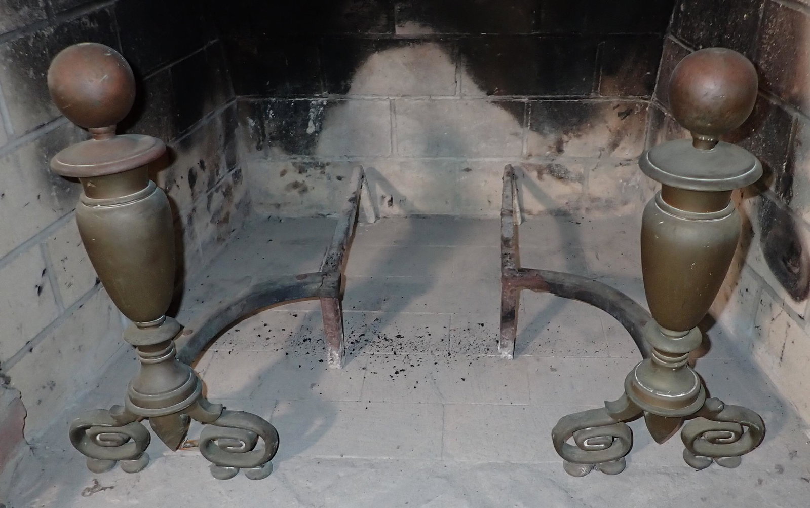Brass Andirons: Approx 9" wide,25 1/2" deep, and 19" tall