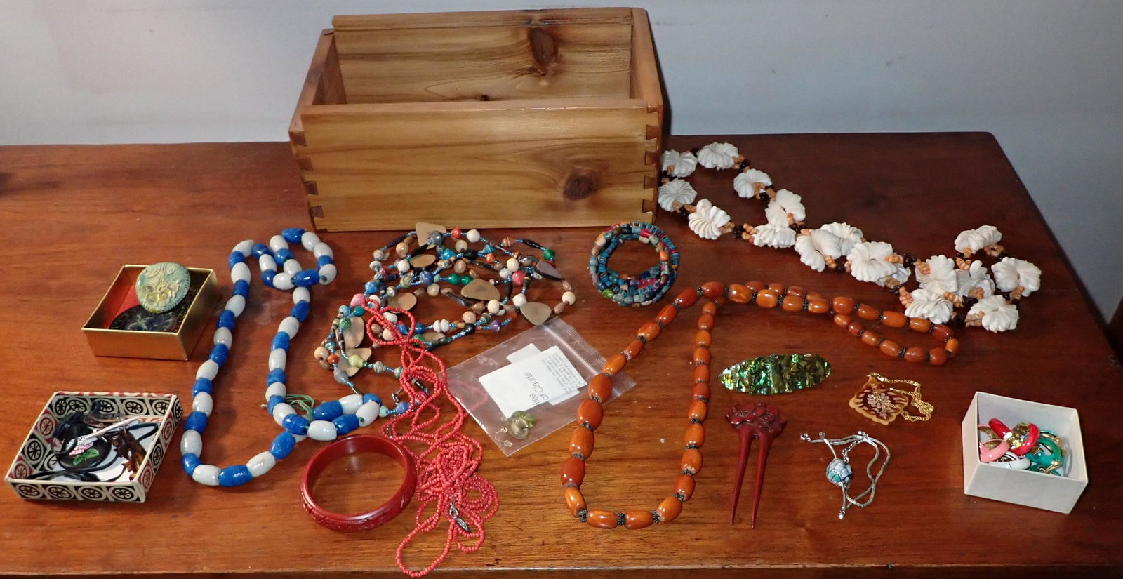 Estate Jewelry with Slide Lid Box: Box is approx 7 1/4" x 12 1/2" x 5" tall