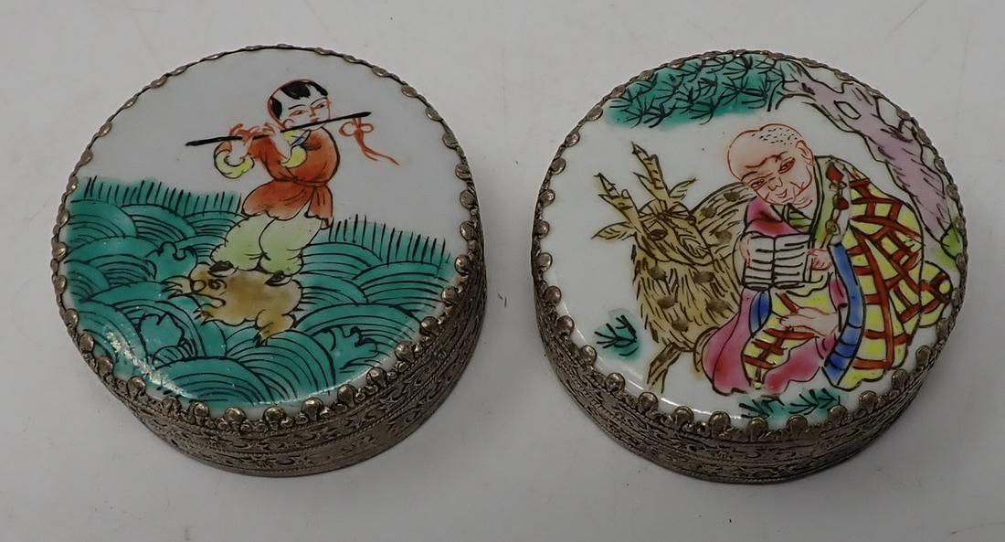 2 Chinese Compacts with Enameled Lids: Approx 2 1/4" in diameter and 7/8" tall