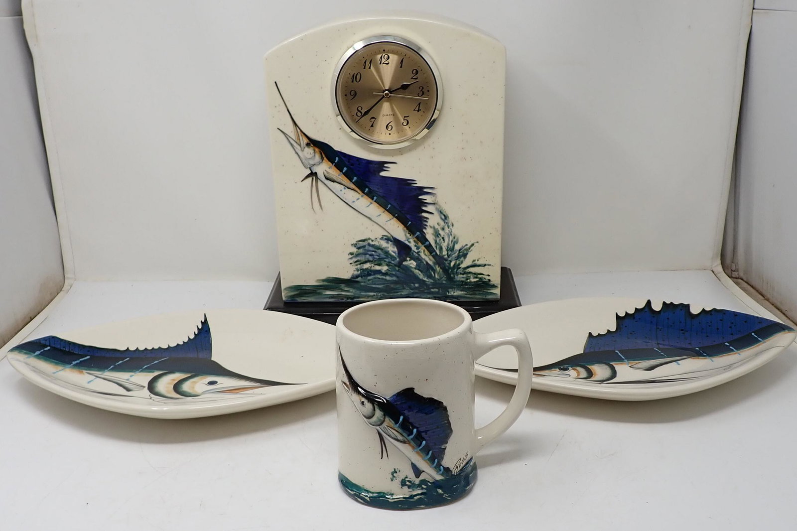 Ross Art Marlin Clock Plates and Cup: Clock is approx 4 3/4" x 10" x 11 3/4"