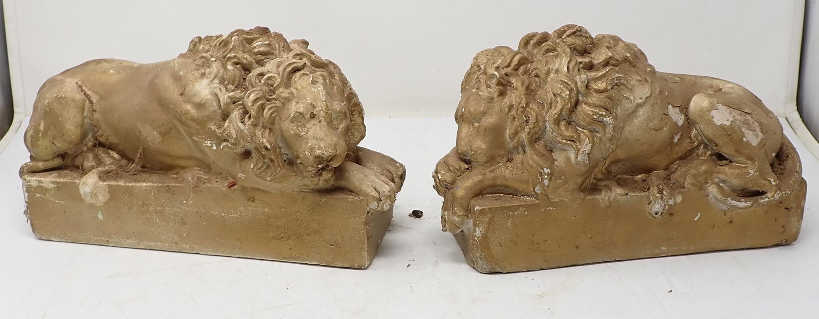 Plaster Lions: Larger one is approx 4" x 11" x 6" tall. Guessing on weight, they are apprx 8-10lbs each