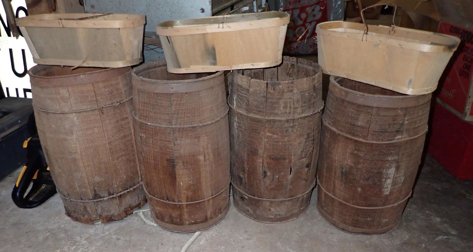 4 Wooden Nail Kegs and Baskets: Kegs are approx 11" in diameter and 18 3/4" tall