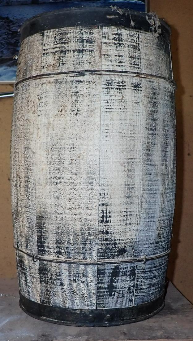 White Painted Wooden Nail Keg: Approx 10" in diameter and 18" tall