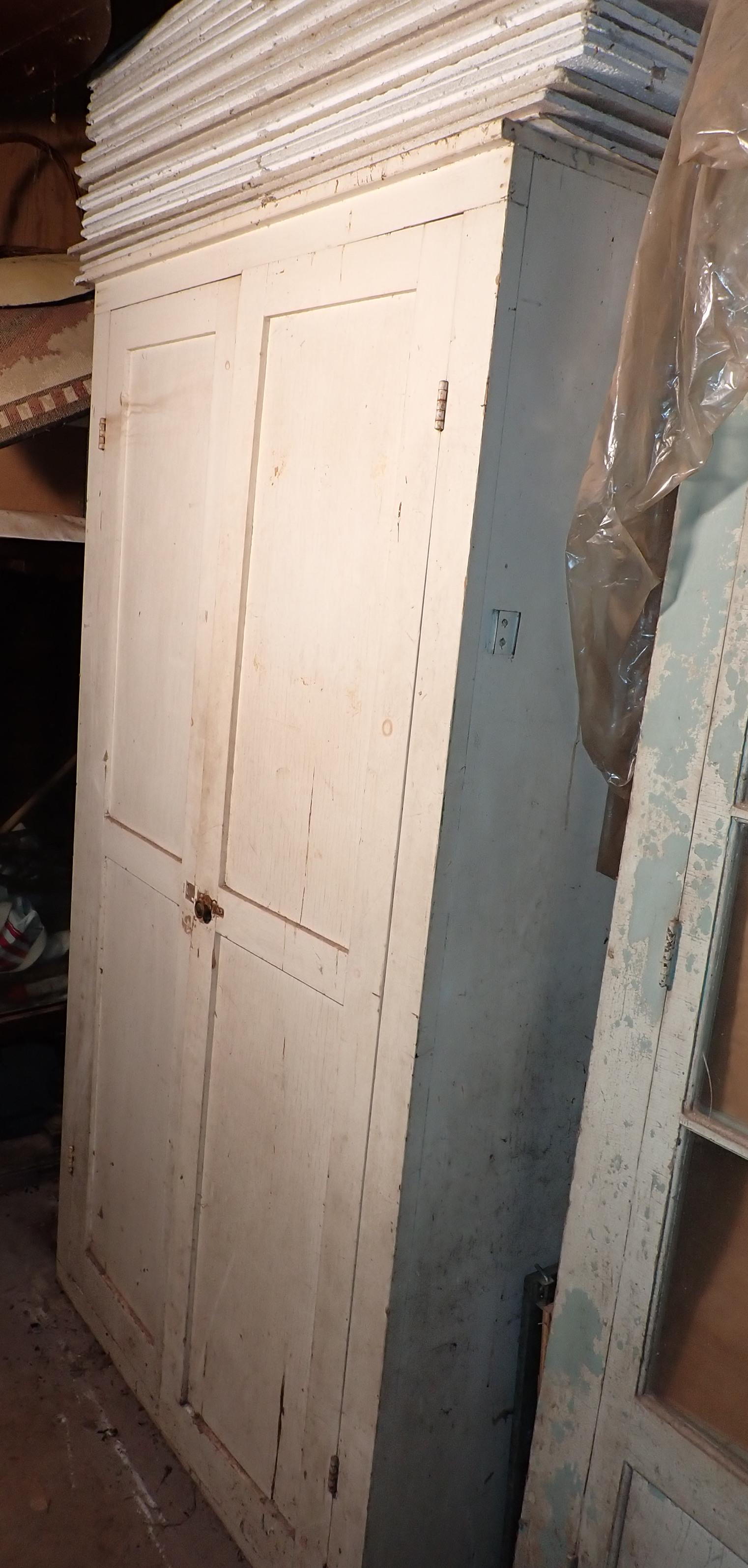 2 Door Cabinet: Approx 24 3/4" x 41 3/4" x 77 1/2" tall. DOES NOT INCLUDE ITEMS IN IT. Includes tote on top and ceiling tiles. Take what you want and leave the rest. PICK UP IN AFTERNOON ONLY