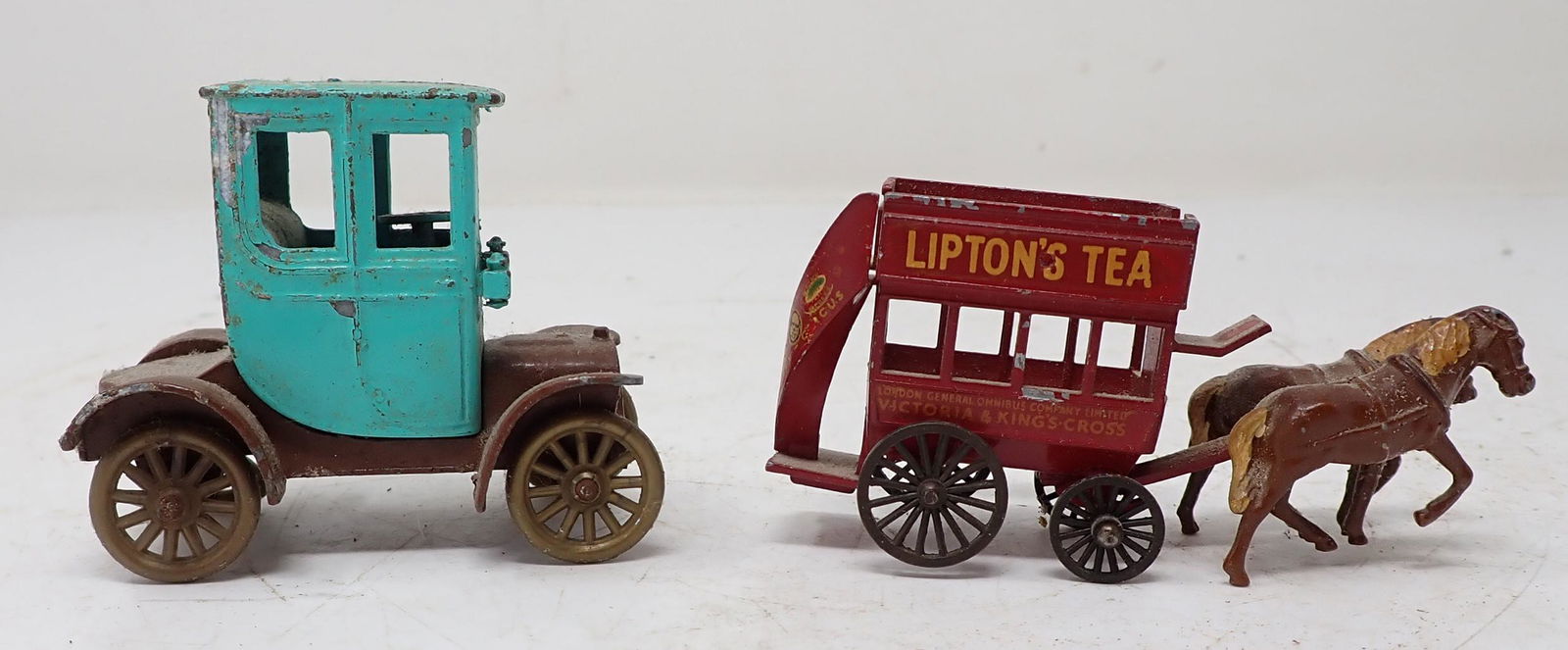 Lesney Liptons Tea Stage Coach: Stagecoach is approx 3 1/4" long. Also included it Tootsietoy Cadillac