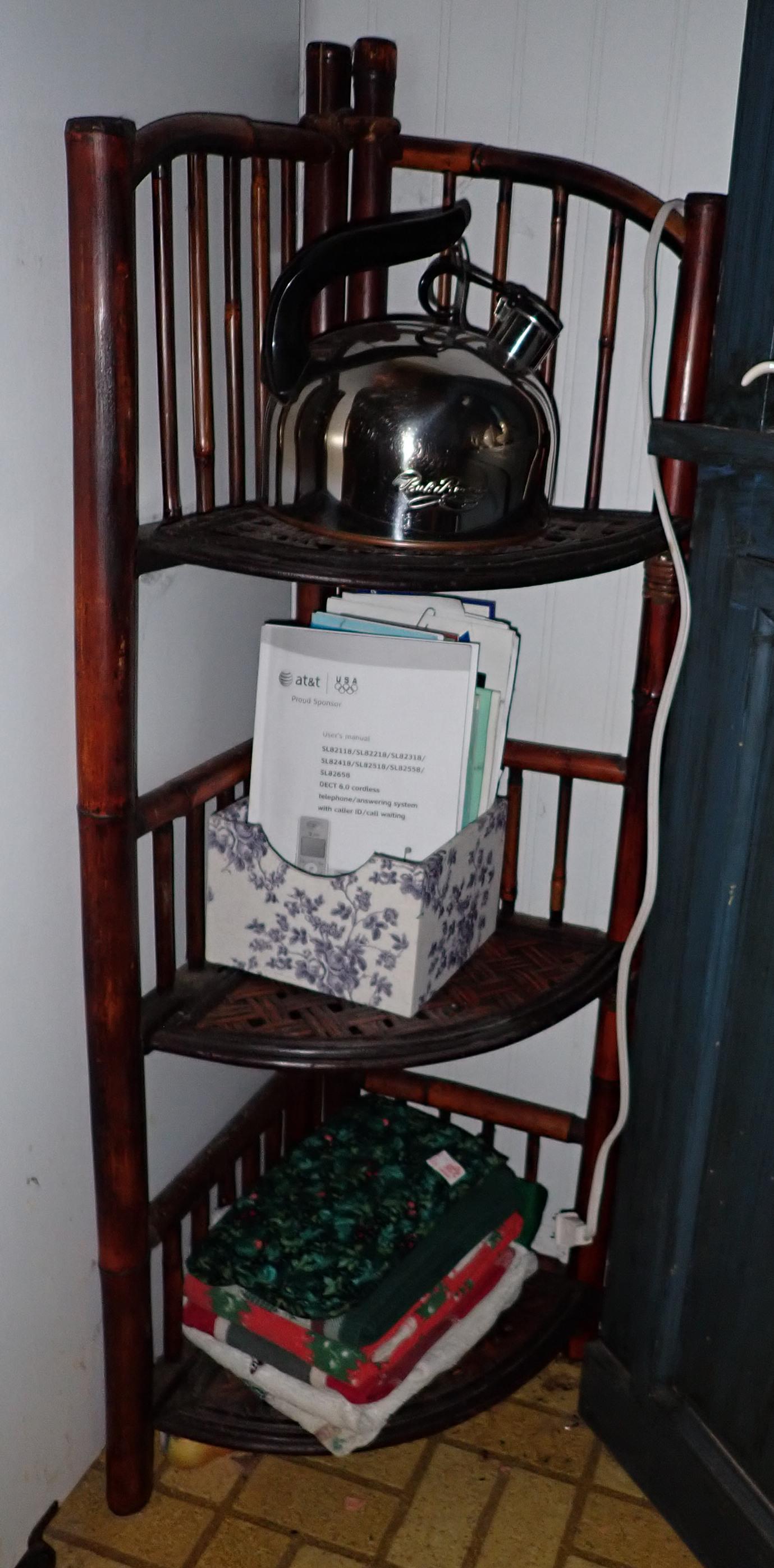 Rattan Corner Shelf and Contents (1 of 3)