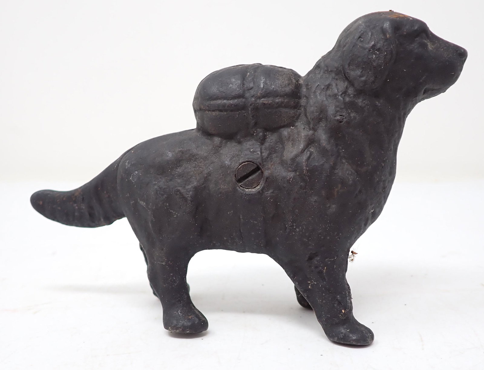 Cast Iron Dog Bank: Approx 5 1/2" long and 3 3/4" tall
