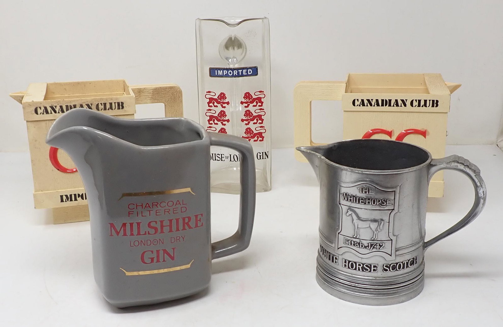 Gin Scotch Pitchers Canadian Club Bottle Holders: Tallest is approx 8 1/4" tall