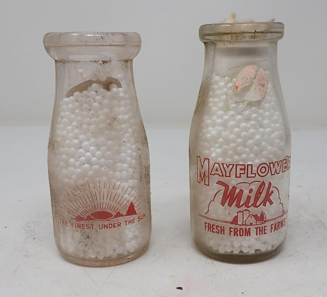 Desert Island Dairies Milk Bottle w/ Indian: Desert Dairies Barharbor Me and Mayflower half pint bottles