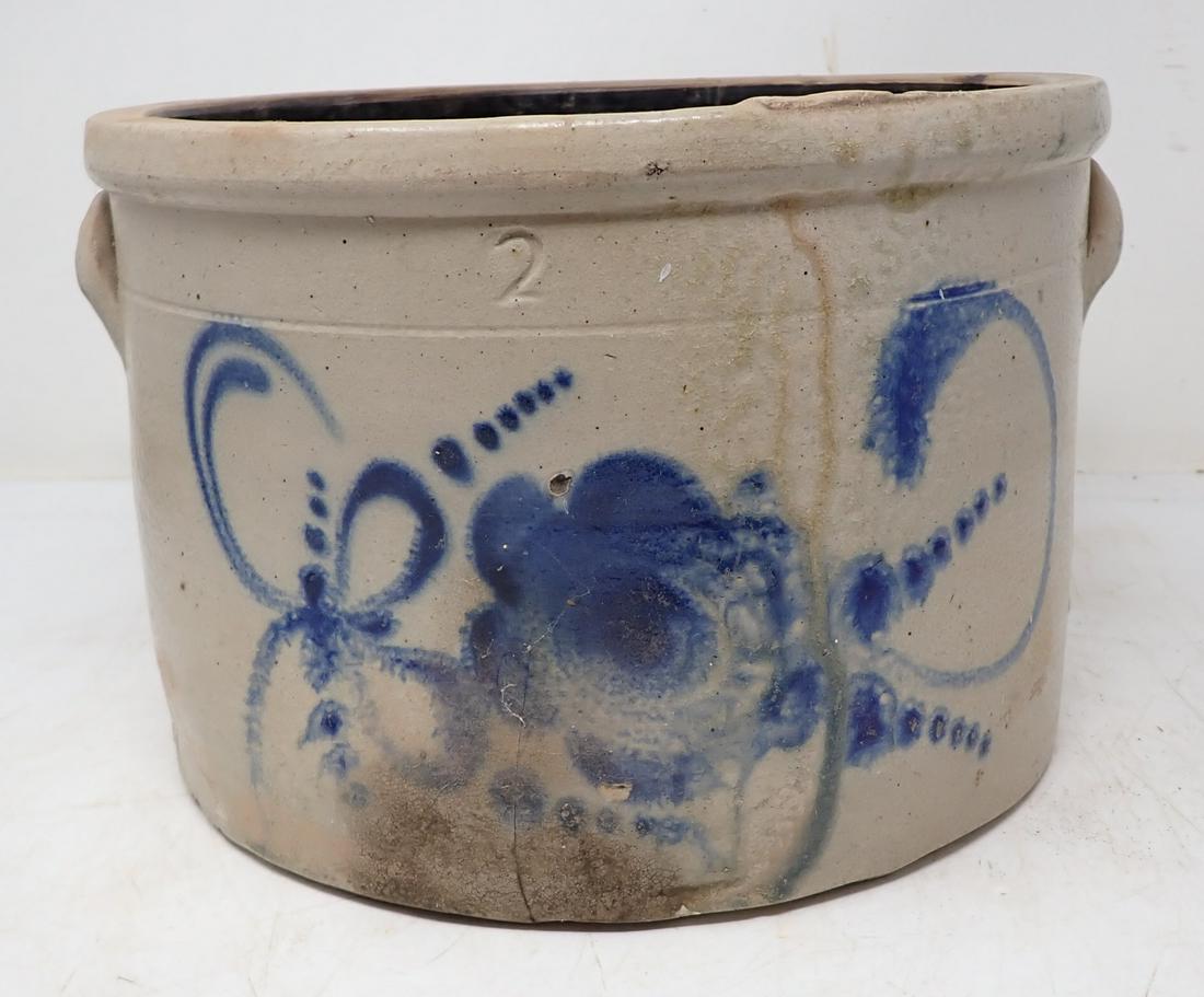 Blue Decorated Stoneware Crock: Approx 10 1/2" in diameter and 7 1/4" tall