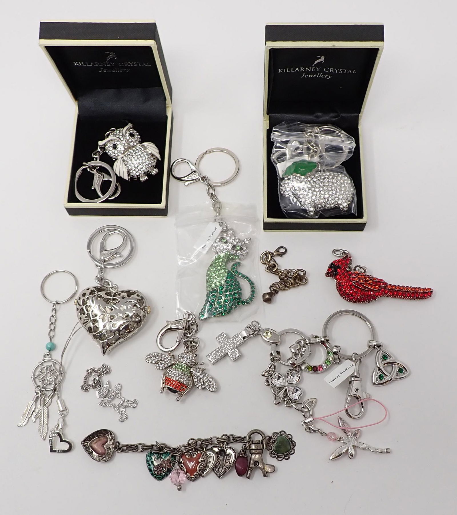 Large Lot of Keychains: Rhinestone puffy keychains and other ornamentations.