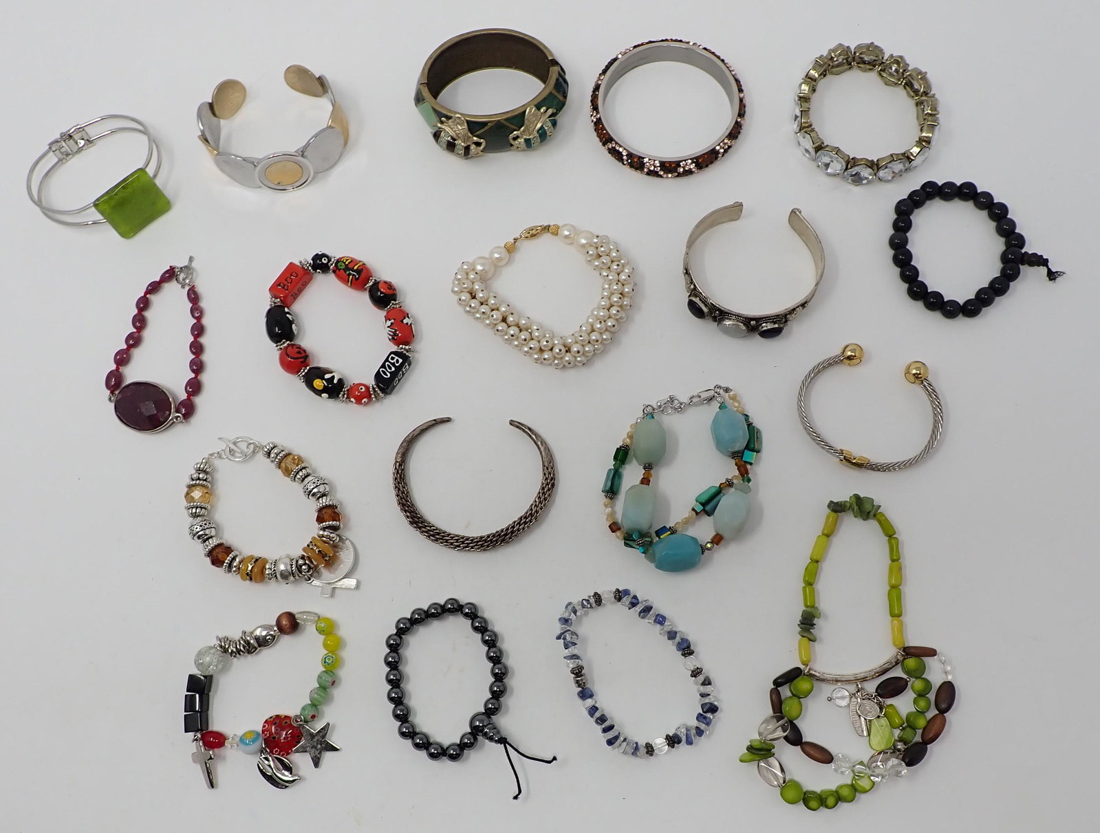 Large Lot of Costume Bracelets: Many beaded; cuffs and bangles