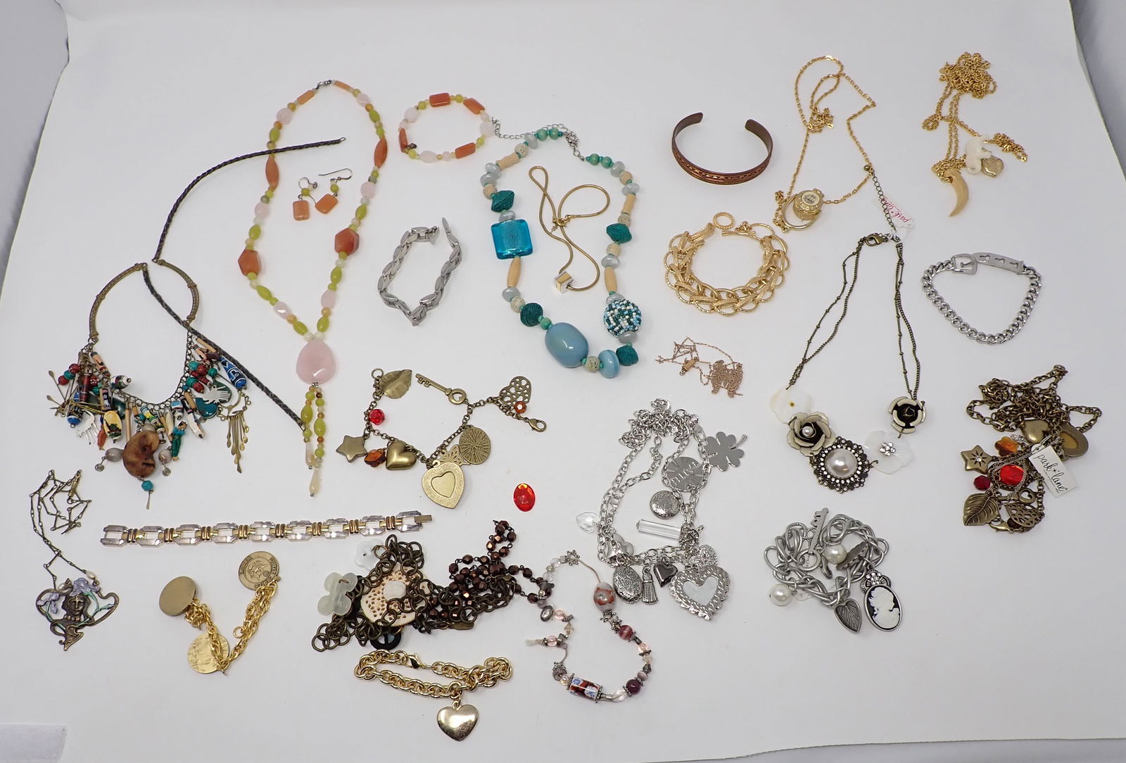 Costume Necklace & Bracelet Lot: Large grouping of various styles including beaded, gold-tone, silver-tone, etc. Some sets.
