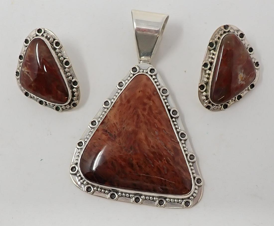 DTR Sterling and Jasper Pendant and Earrings: Triangular modern form, 1.31 ozt total for set