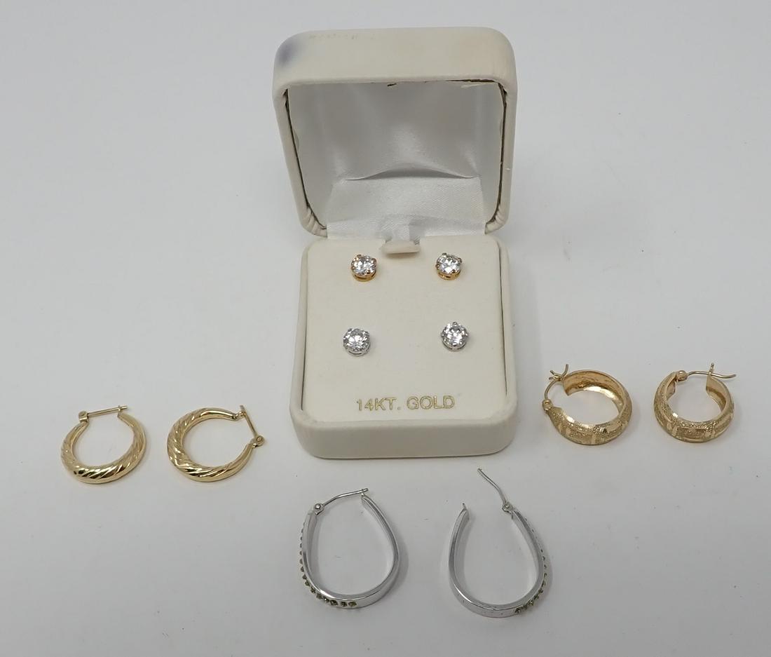 5 Pair of Gold Earrings: All 14K white or yellow gold: including 3 pair of hoops and 2 pair of CZ studs, 4.6 dwt total.