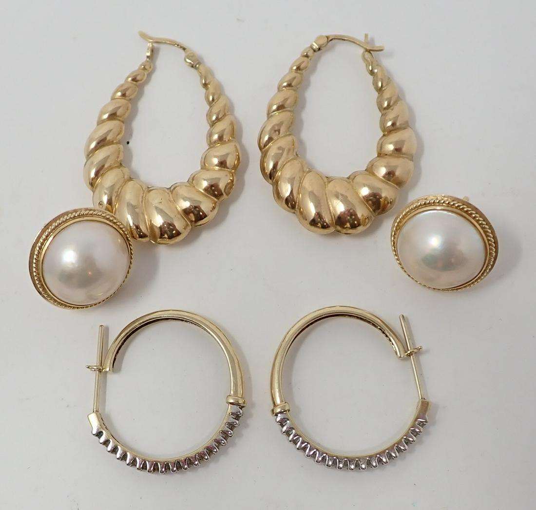 3 Gold Pair of Earrings: All 10K yellow gold including gold twist style hoops; hoops with line of diamond accents; and gold framed mabe pearls. Weight of the two pair of hoops only is 4.9 dwt.