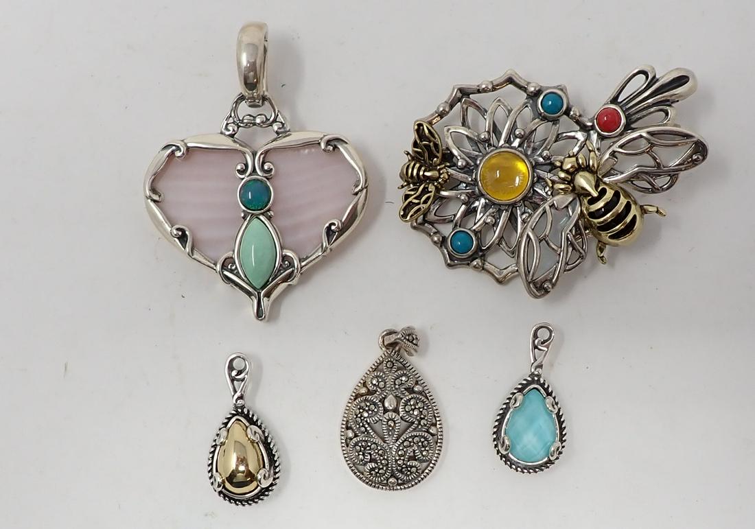 Sterling Pendant and Enhancer Lot: Heart shaped bold enhancer; bold bumble bee themed enhancer; and three tear drop shaped pendants, 1.54 ozt total.