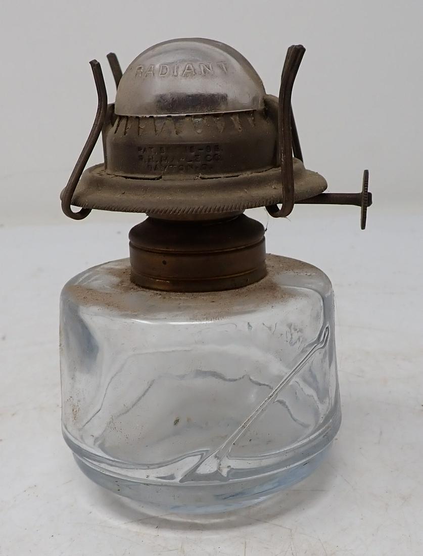 MMI Company Oil Lamp w / 1905 R H Maple Burner: Approx 3" in dia x 4-3/4" tall. Lamp has nice swirl mark in it. Burner has radiant glass cover.