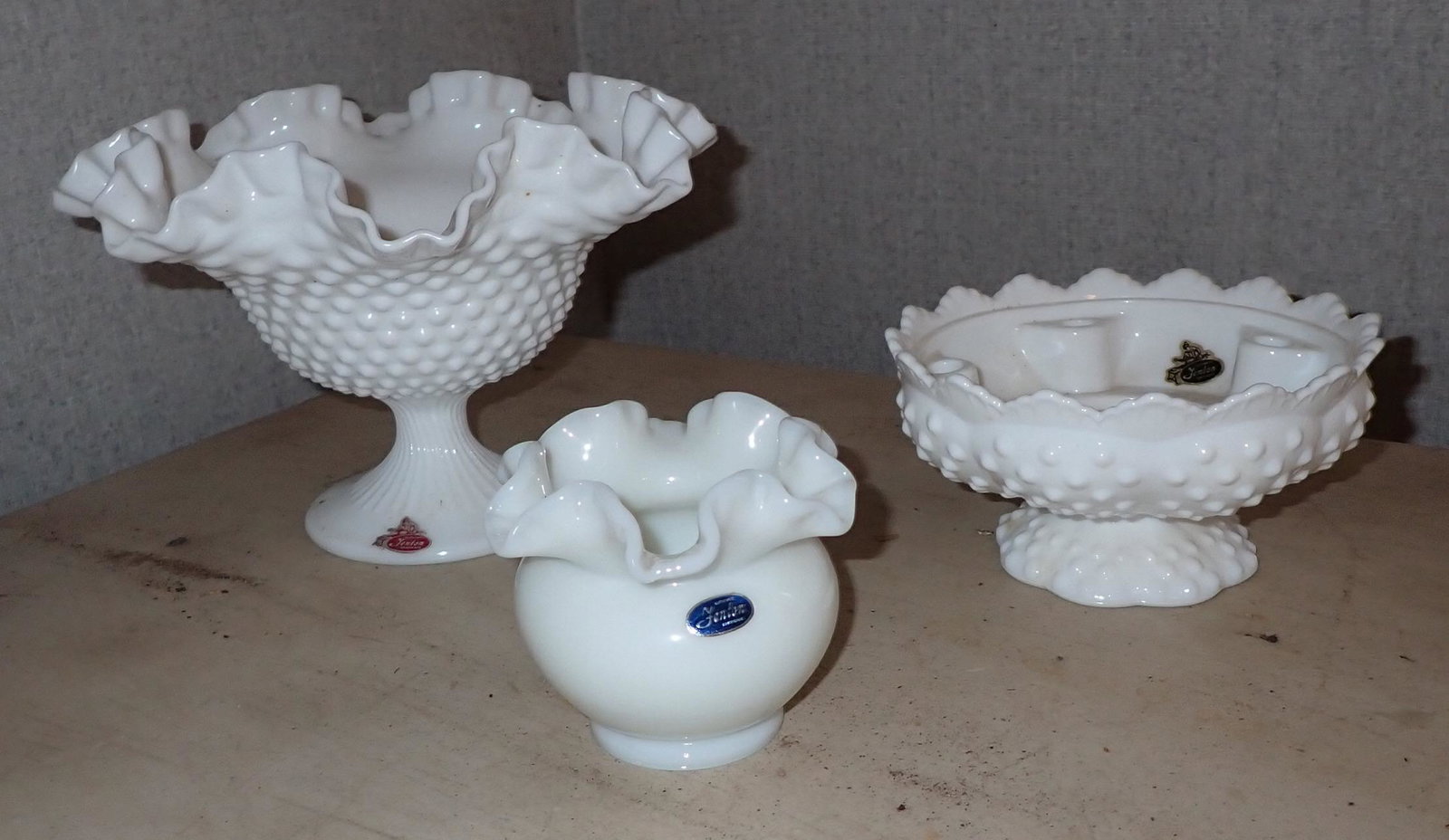 Fenton Milk Glass Epergne Base Compote & Vase: Compote 6-5/8" tall 9-3/4" in dia, all have paper label