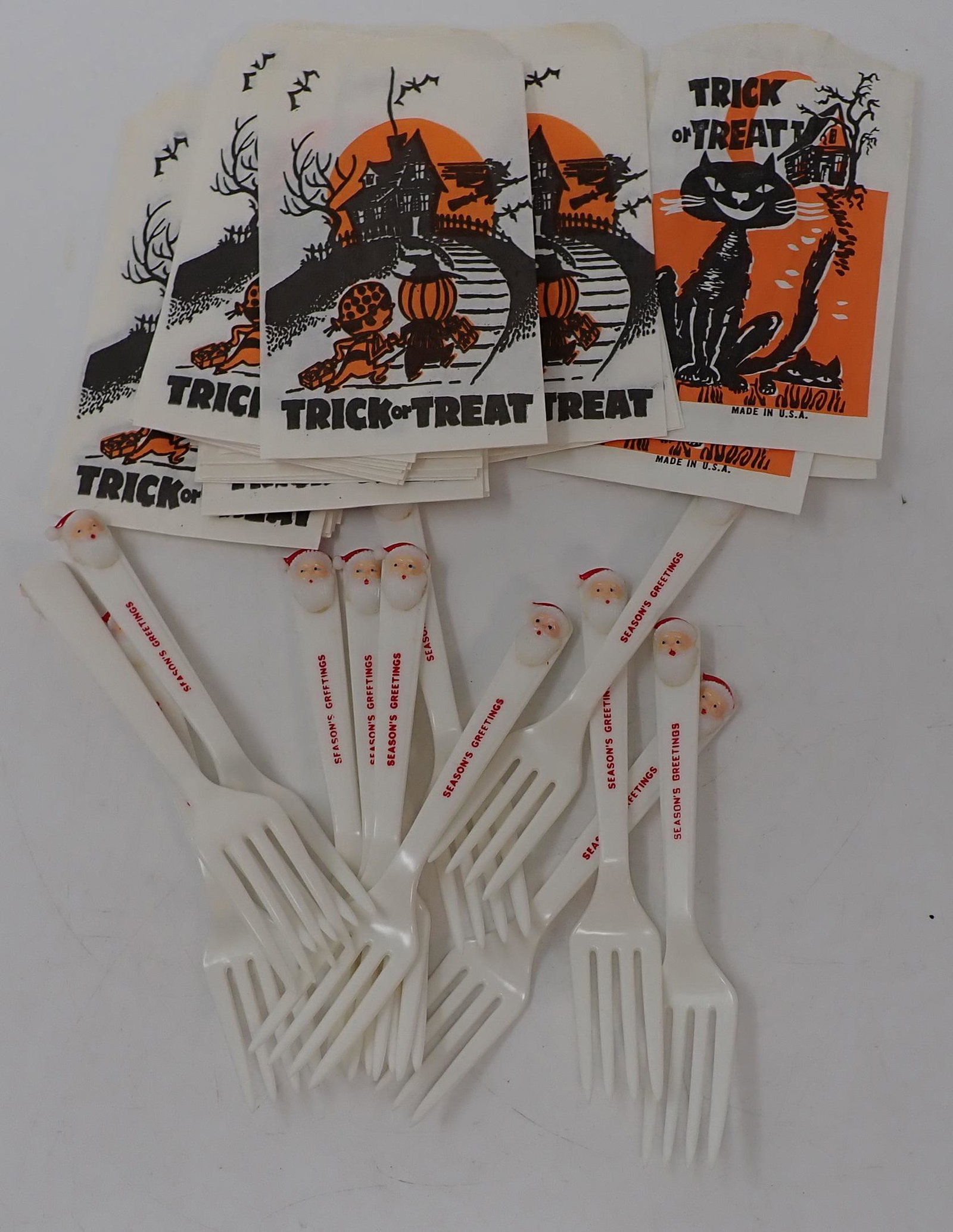 Vintage Halloween Candy Bags & Santa Forks: There are approx 38 bags ( 3 1/2" x 6" ). Forks are plastic