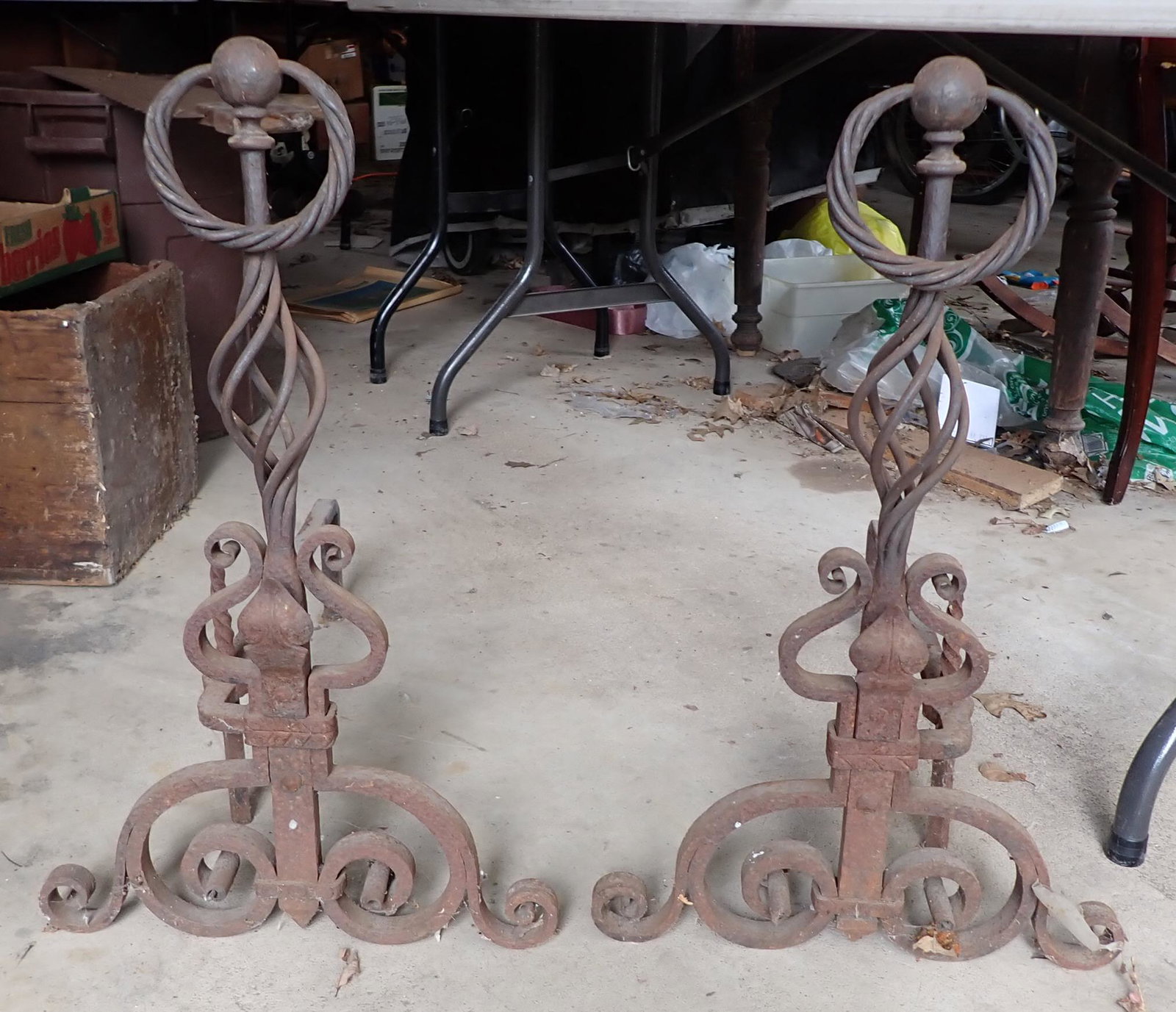 Arts & Crafts Style Wrought Iron Andirons: Approx 16 1/4" wide, 26 3/4" tall, and 24 1/2" deep